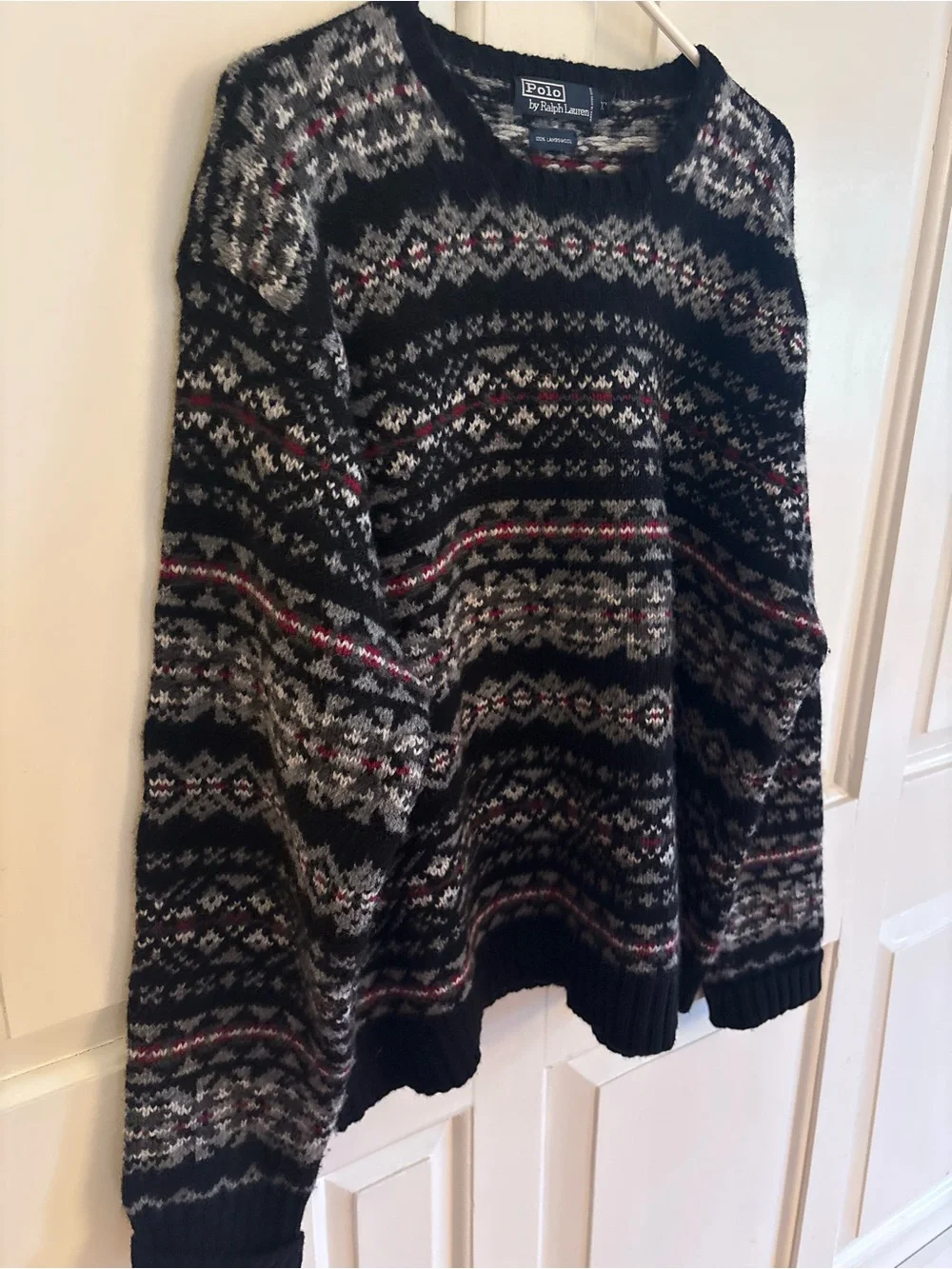 90s Polo Ralph Lauren Fair Isle Knit Sweater Black Grey Red Men’s XXL  Lambswool